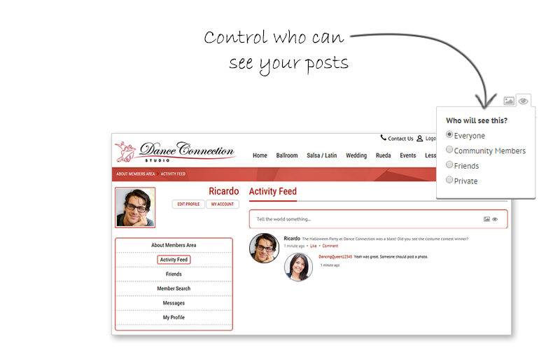 Dance Member Activity Feed Message Post Permissions Screenshot